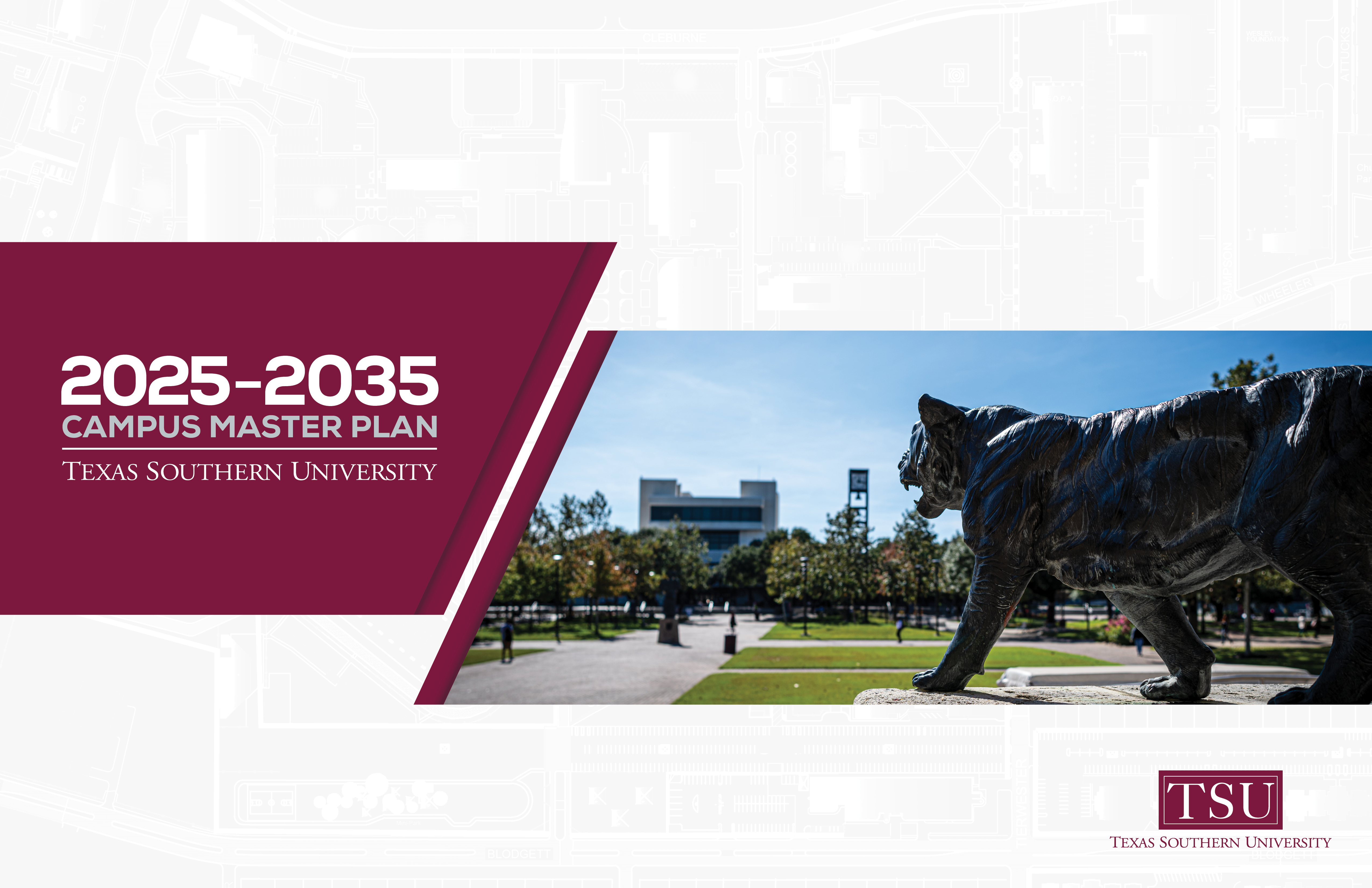 Photo of TSU Tiger statue with bell tower in the background. Text on the image reads "2025-2035 Campus Master Plan, Texas Southern University"