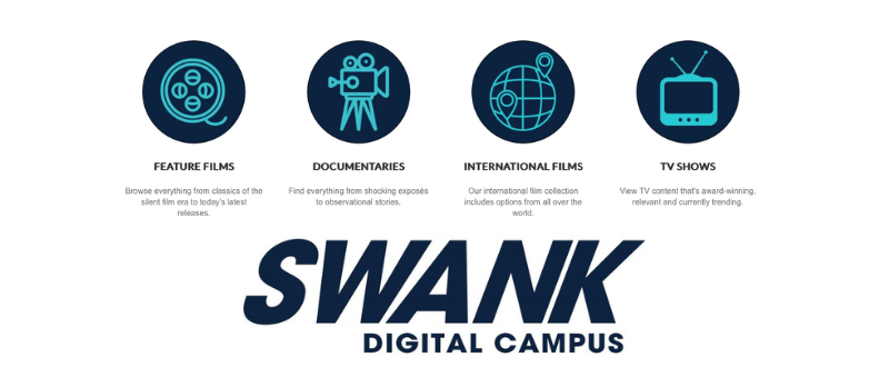 Graphic highlighting the Swank database, showcasing a selection of popular films and educational videos