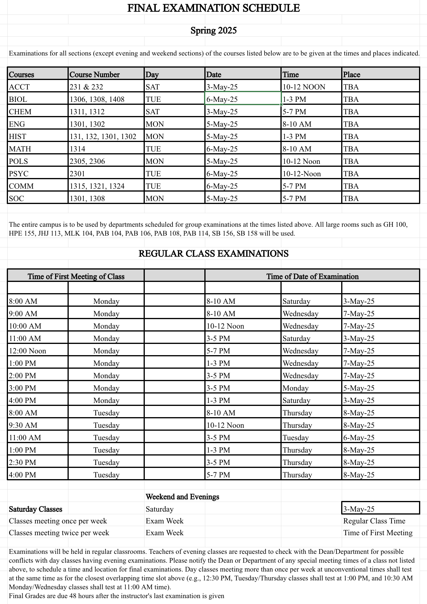 Final exam schedule